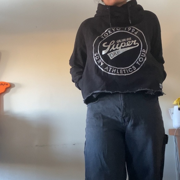 SUPERDRY Black Turtleneck Cropped Hoodie - Picture 3 of 7